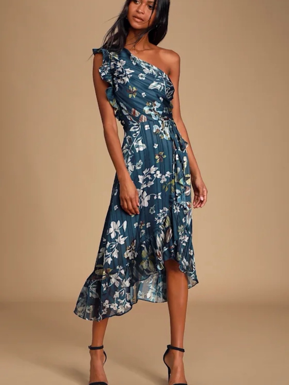 adelyn rae Blue Floral One Shoulder Ruffle Chiffon Lined A-Line Midi M